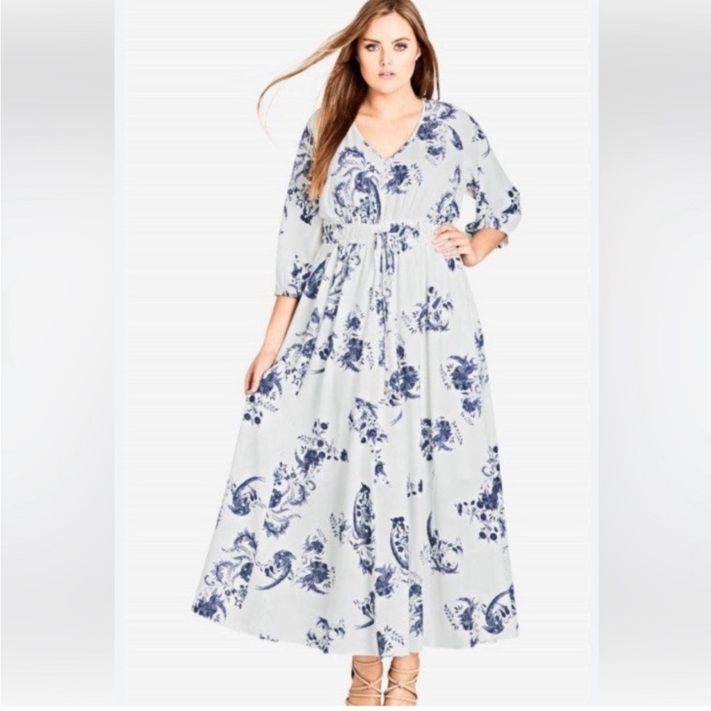 City Chic White and Blue V Neck Maxi. Tie waist. 3/4 sleeves. Size XXL 24W